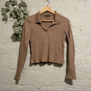 Zara Tan Ribbed Polo Long Sleeve Top